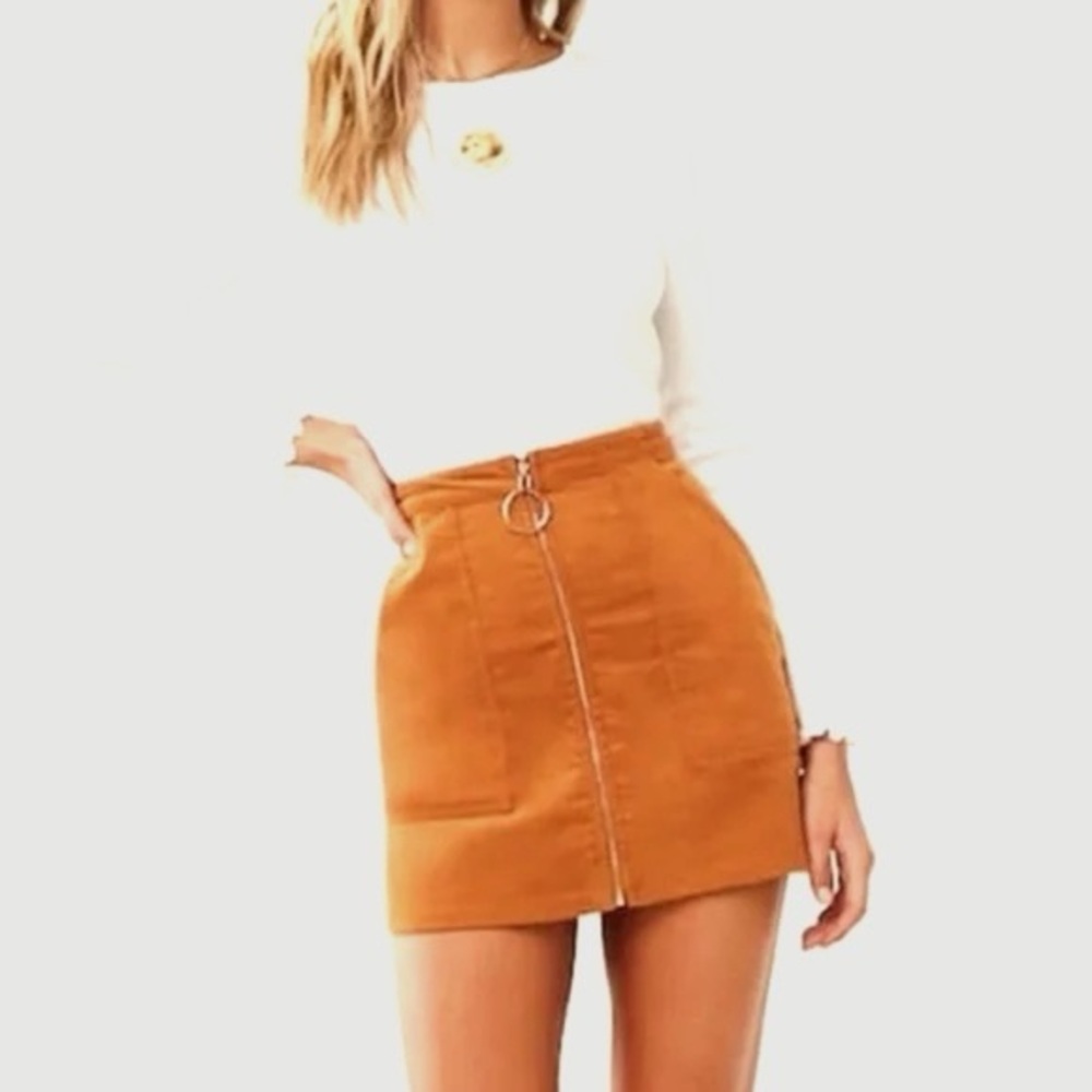 Chloe & Katie Rust Corduroy Zip Front Mini Skirt O-Ring Burnt Orange Size Medium